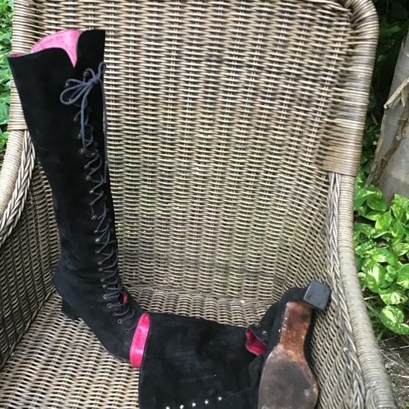 Vintage Charles Jourdan suede with pink leather knee boots - Picture 2 of 9